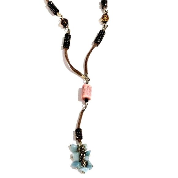 🌟 Gold-Tone Brown Cord Colorful Beaded Necklace w/ Beads Cluster Pendant, Chic - Picture 1 of 12